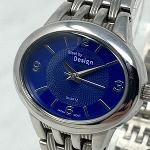 Steel by Design QVC Watch Women 30mm Silver Tone Blue Dial Oval New Battery 7.5"